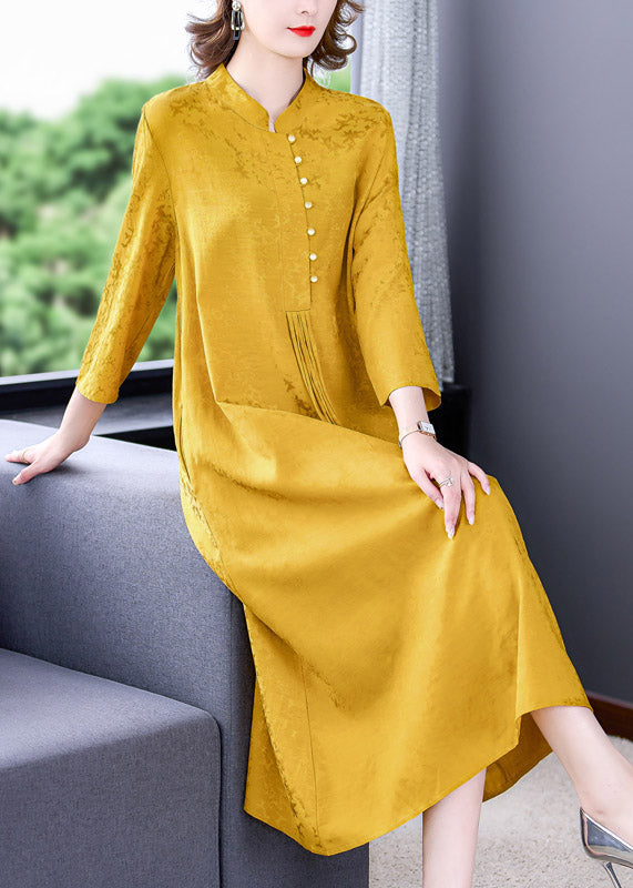 Elegant Yellow Stand Collar Tassel Button Silk Long Dresses Long Sleeve AC2048