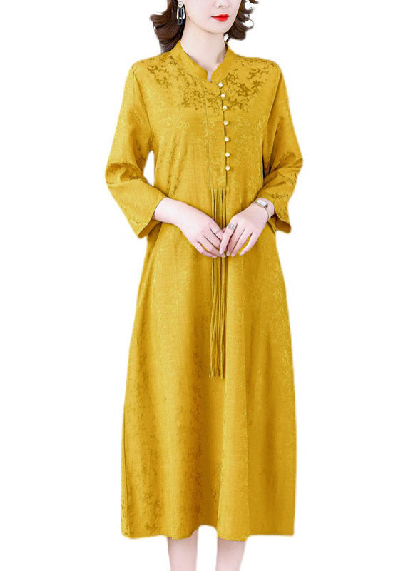 Elegant Yellow Stand Collar Tassel Button Silk Long Dresses Long Sleeve AC2048