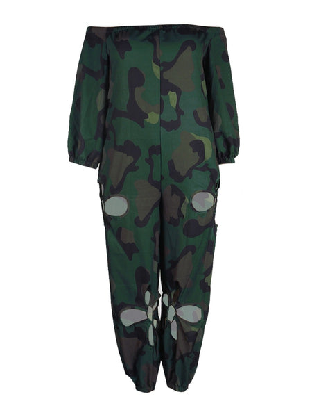 Plus Size Off The Shoulder Camo Print Cut Out Jumpsuit AR5022