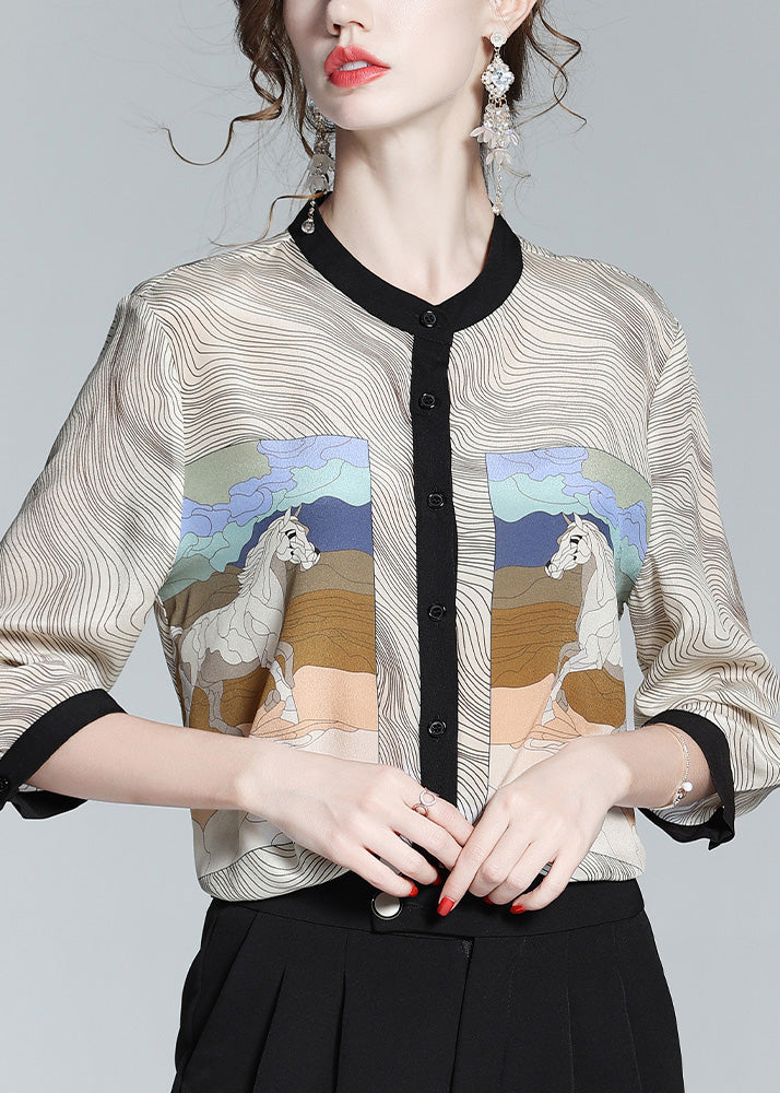 Fashion Apricot O-Neck Print Button Silk Shirt Long Sleeve LY1013