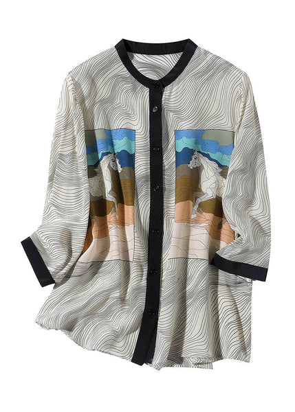 Fashion Apricot O-Neck Print Button Silk Shirt Long Sleeve LY1013