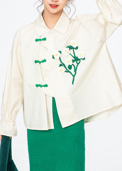 Fashion Apricot Peter Pan Collar Floral Cotton Shirt Long Sleeve LY0743