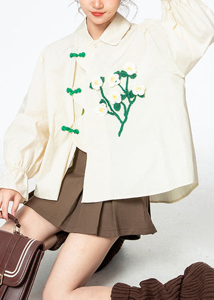 Fashion Apricot Peter Pan Collar Floral Cotton Shirt Long Sleeve LY0743