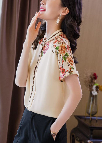 Fashion Apricot Stand Collar Print Patchwork Silk Top Summer LY0376