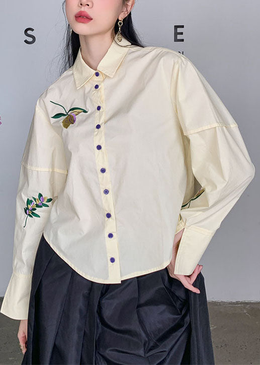 Fashion Beige Embroideried Patchwork Cotton Shirt Top Spring LY0775