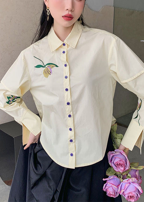 Fashion Beige Embroideried Patchwork Cotton Shirt Top Spring LY0775