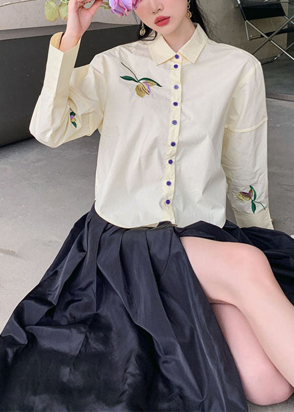 Fashion Beige Embroideried Patchwork Cotton Shirt Top Spring LY0775