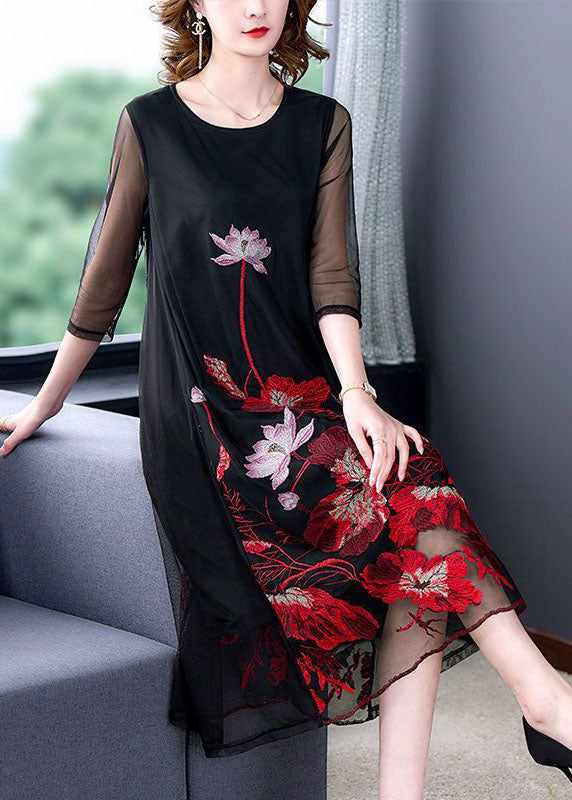 Fashion Black Embroideried Hollow Out Tulle Robe Dresses Bracelet Sleeve LC0203