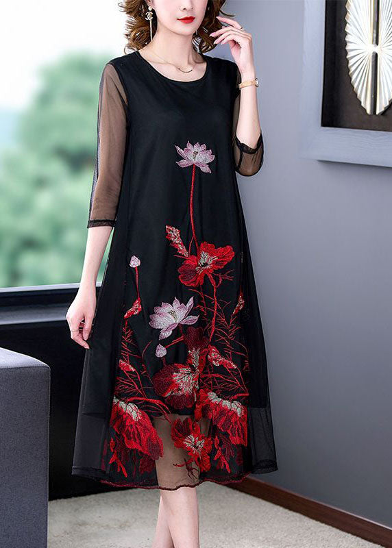 Fashion Black Embroideried Hollow Out Tulle Robe Dresses Bracelet Sleeve LC0203