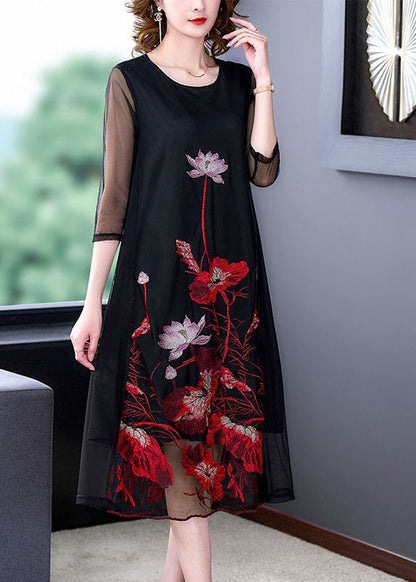 Fashion Black Embroideried Hollow Out Tulle Robe Dresses Bracelet Sleeve LY1696