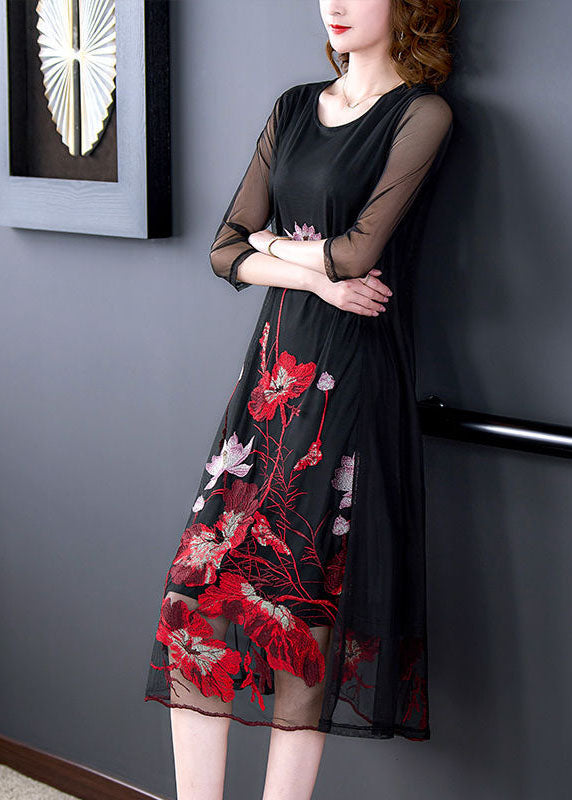 Fashion Black Embroideried Hollow Out Tulle Robe Dresses Bracelet Sleeve LC0203