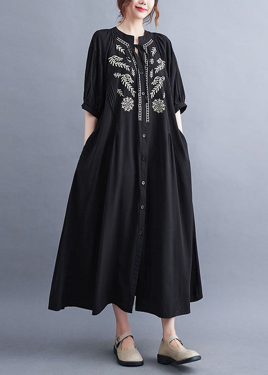 Fashion Black Embroideried Lace Up Cotton Maxi Dress Summer LY1549