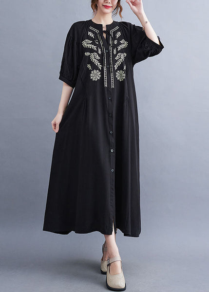 Fashion Black Embroideried Lace Up Cotton Maxi Dress Summer LY1549