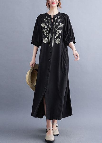 Fashion Black Embroideried Lace Up Cotton Maxi Dress Summer LY1549