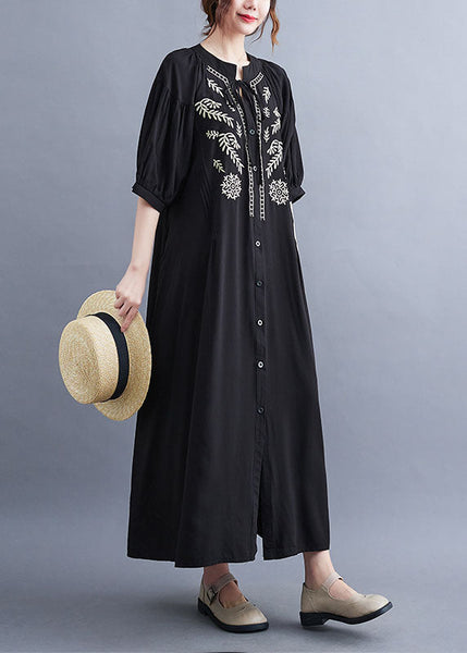 Fashion Black Embroideried Lace Up Cotton Maxi Dress Summer LY1549