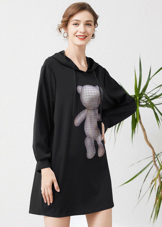 Fashion Black Hooded Print Cotton Sweatshirts Dress Spring LY0327