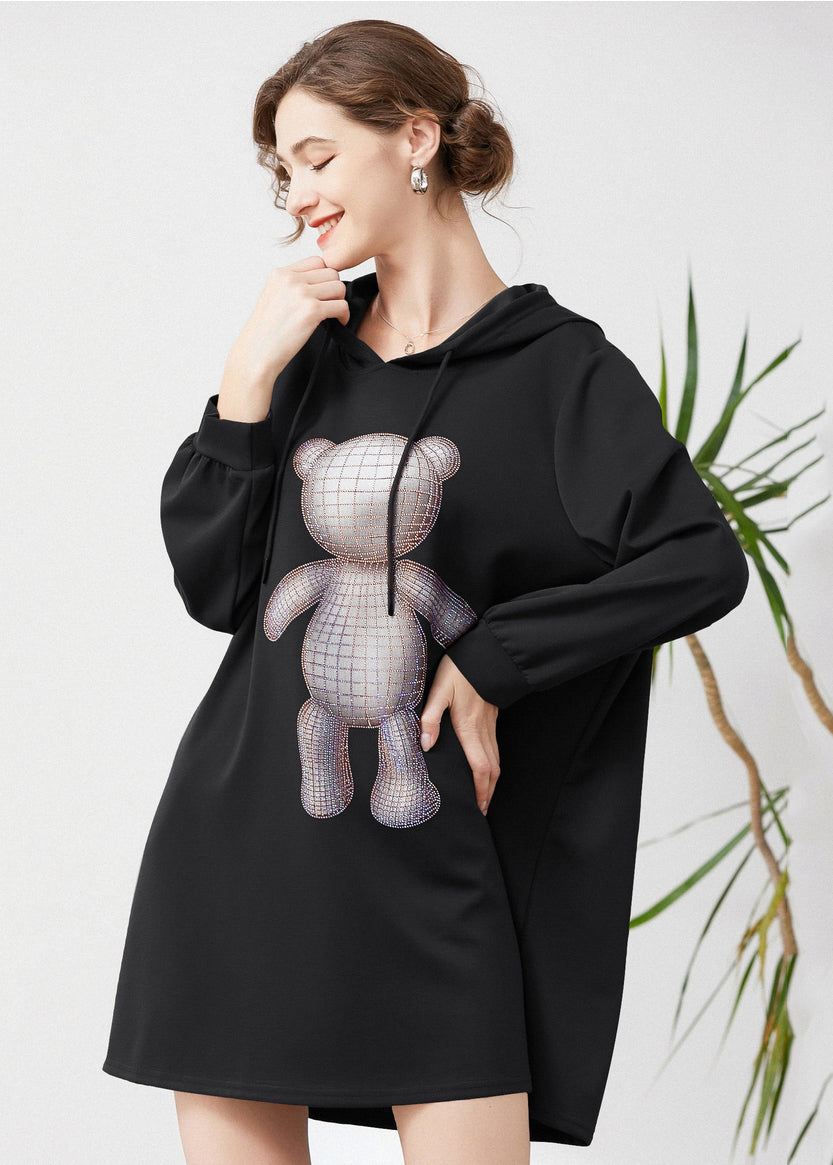 Fashion Black Hooded Print Cotton Sweatshirts Dress Spring LY0327