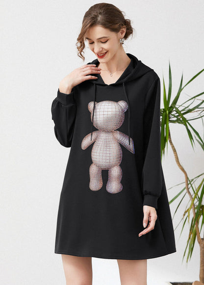 Fashion Black Hooded Print Cotton Sweatshirts Dress Spring LY0327