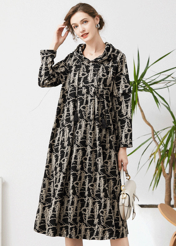 Fashion Black Hooded Tie Dye Cashmere Long Dresses Spring LY0303