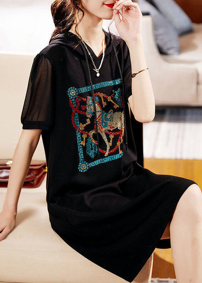 Fashion Black Hooded Zircon Patchwork Cotton Dress Summer TQ1006