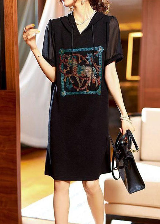 Fashion Black Hooded Zircon Patchwork Cotton Dress Summer TQ1006