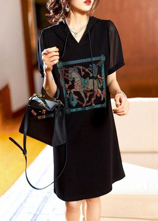 Fashion Black Hooded Zircon Patchwork Cotton Dress Summer TQ1006