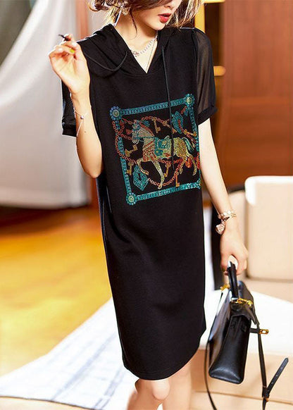 Fashion Black Hooded Zircon Patchwork Cotton Dress Summer TQ1006