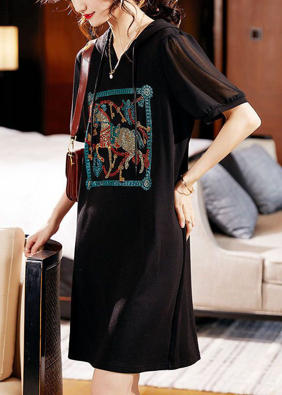 Fashion Black Hooded Zircon Patchwork Cotton Dress Summer TQ1006