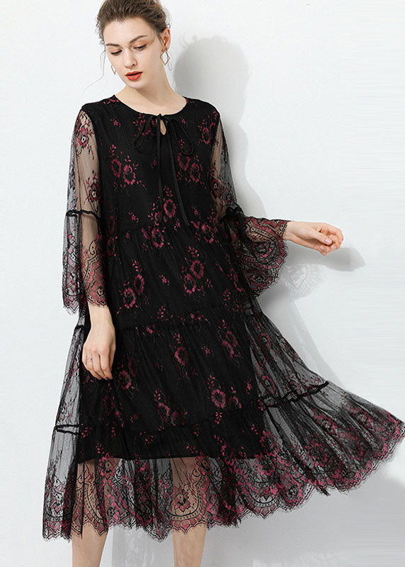 Fashion Black O Neck Hollow Out Lace Patchwork Tulle Dress Summer LY0023