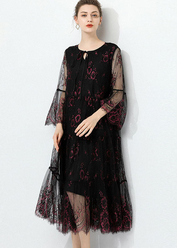 Fashion Black O Neck Hollow Out Lace Patchwork Tulle Dress Summer LY0023