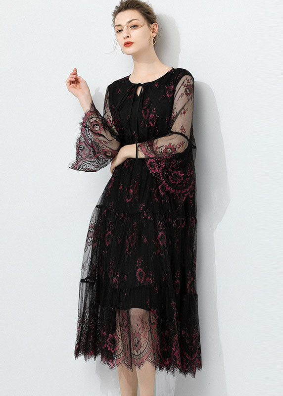 Fashion Black O Neck Hollow Out Lace Patchwork Tulle Dress Summer LY0023