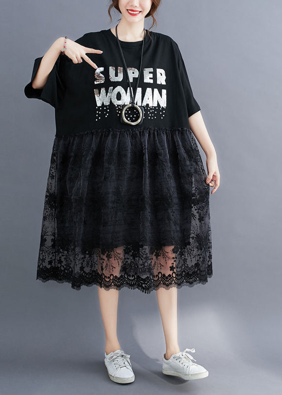 Fashion Black O-Neck Lace Patchwork Cotton Holiday Dress Half Sleeve LY0896