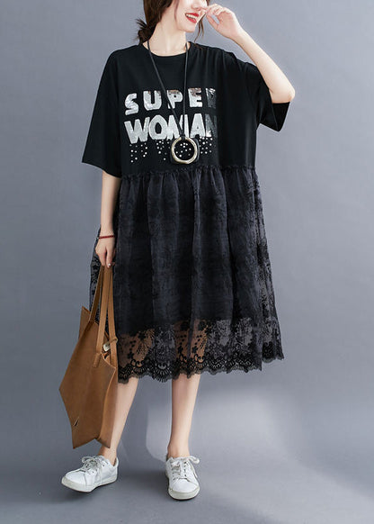 Fashion Black O-Neck Lace Patchwork Cotton Holiday Dress Half Sleeve LY0896