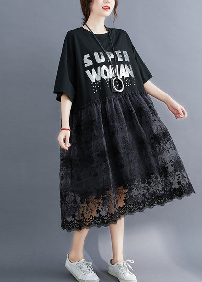 Fashion Black O-Neck Lace Patchwork Cotton Holiday Dress Half Sleeve LY0896