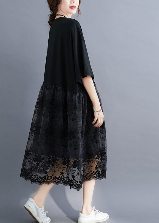 Fashion Black O-Neck Lace Patchwork Cotton Holiday Dress Half Sleeve LY0896