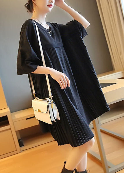 Fashion Black Oversized Patchwork Pleated Mid Dress Half Sleeve LY1404