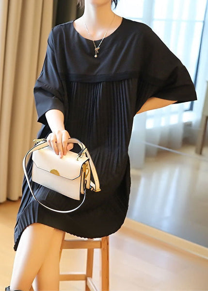 Fashion Black Oversized Patchwork Pleated Mid Dress Half Sleeve LY1404