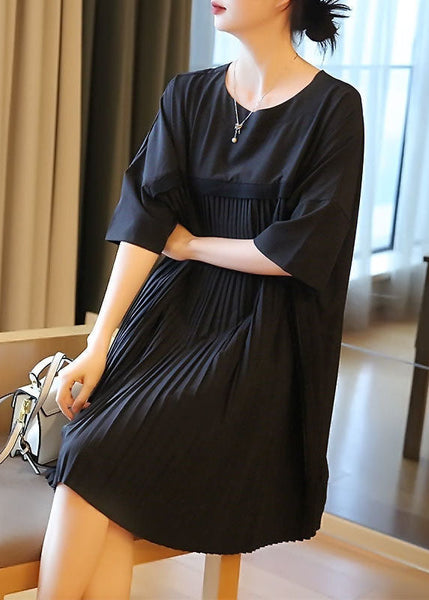 Fashion Black Oversized Patchwork Pleated Mid Dress Half Sleeve LY1404
