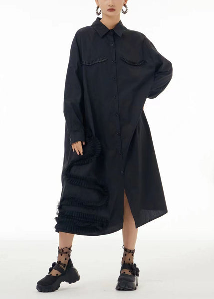 Fashion Black Oversized Patchwork Wrinkled Cotton Shirt Dress Spring LC0103