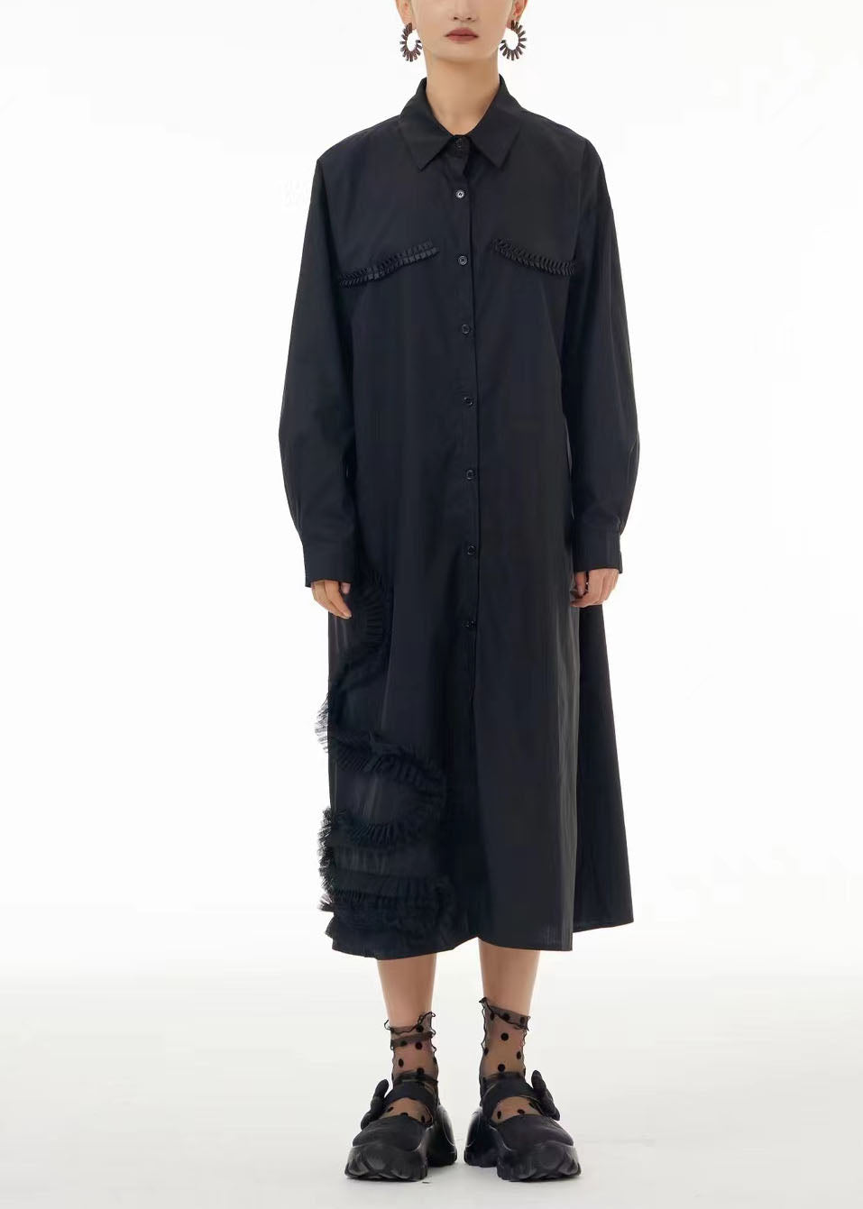 Fashion Black Oversized Patchwork Wrinkled Cotton Shirt Dress Spring LC0103