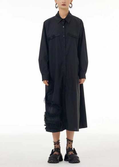 Fashion Black Oversized Patchwork Wrinkled Cotton Shirt Dress Spring LC0103