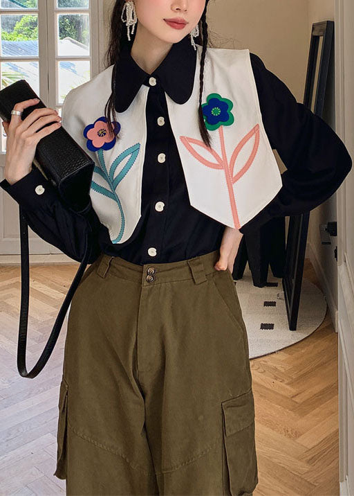 Fashion Black Patchwork Floral Decorated Cotton Blouses Spring LY0772