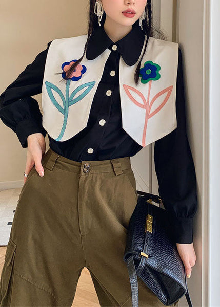Fashion Black Patchwork Floral Decorated Cotton Blouses Spring LY0772