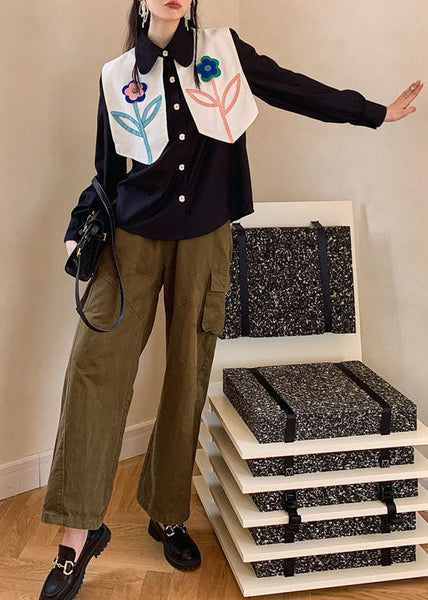 Fashion Black Patchwork Floral Decorated Cotton Blouses Spring LY0772