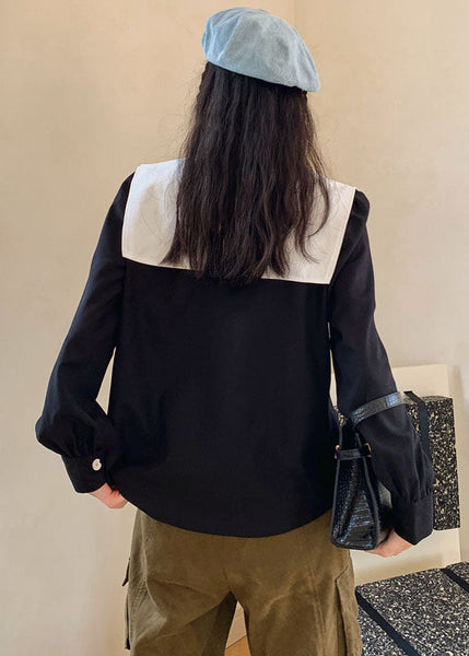 Fashion Black Patchwork Floral Decorated Cotton Blouses Spring LY0772