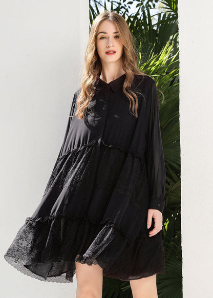 Fashion Black Peter Pan Collar Lace Patchwork Chiffon Holiday Dress Spring LY0253