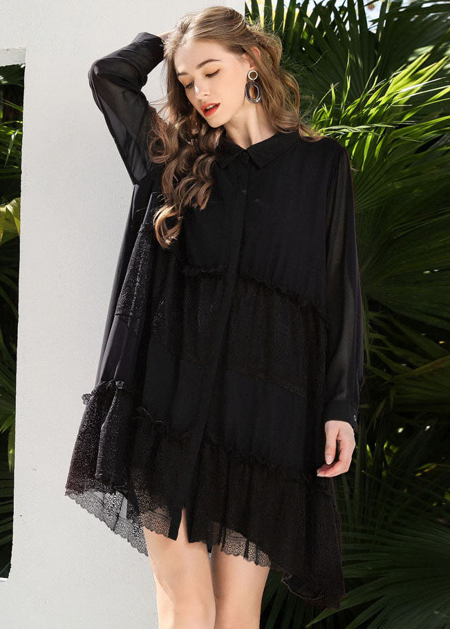 Fashion Black Peter Pan Collar Lace Patchwork Chiffon Holiday Dress Spring LY0253