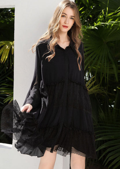 Fashion Black Peter Pan Collar Lace Patchwork Chiffon Holiday Dress Spring LY0253