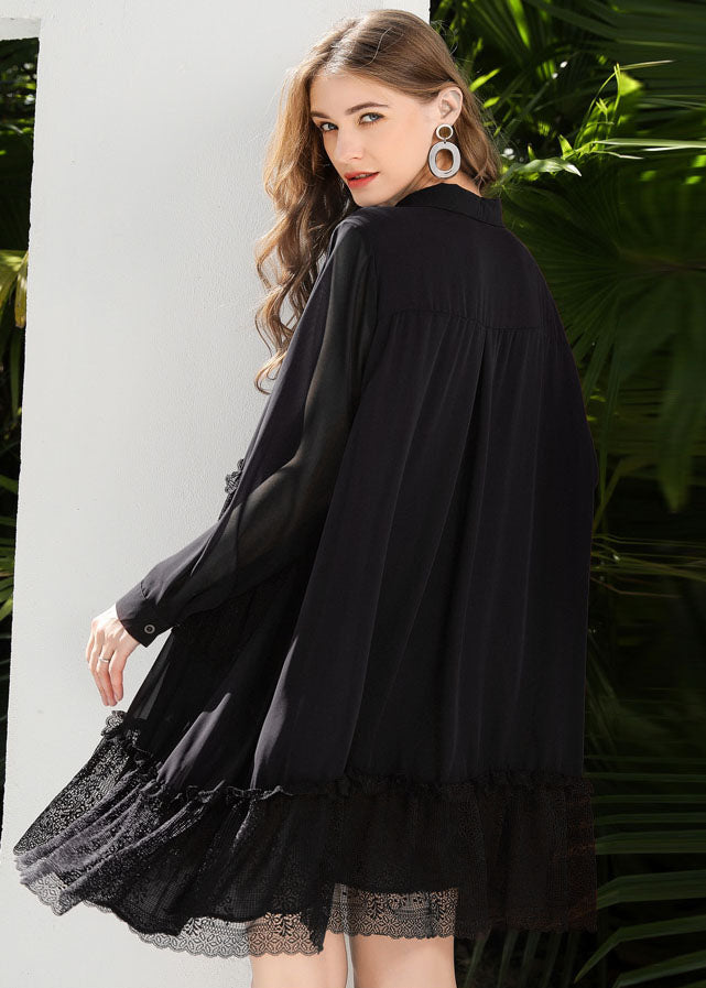 Fashion Black Peter Pan Collar Lace Patchwork Chiffon Holiday Dress Spring LY0253