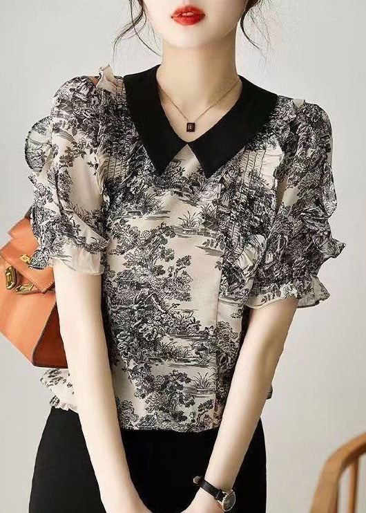 Fashion Black Peter Pan Collar Print Patchwork Chiffon Shirt Summer TP1066